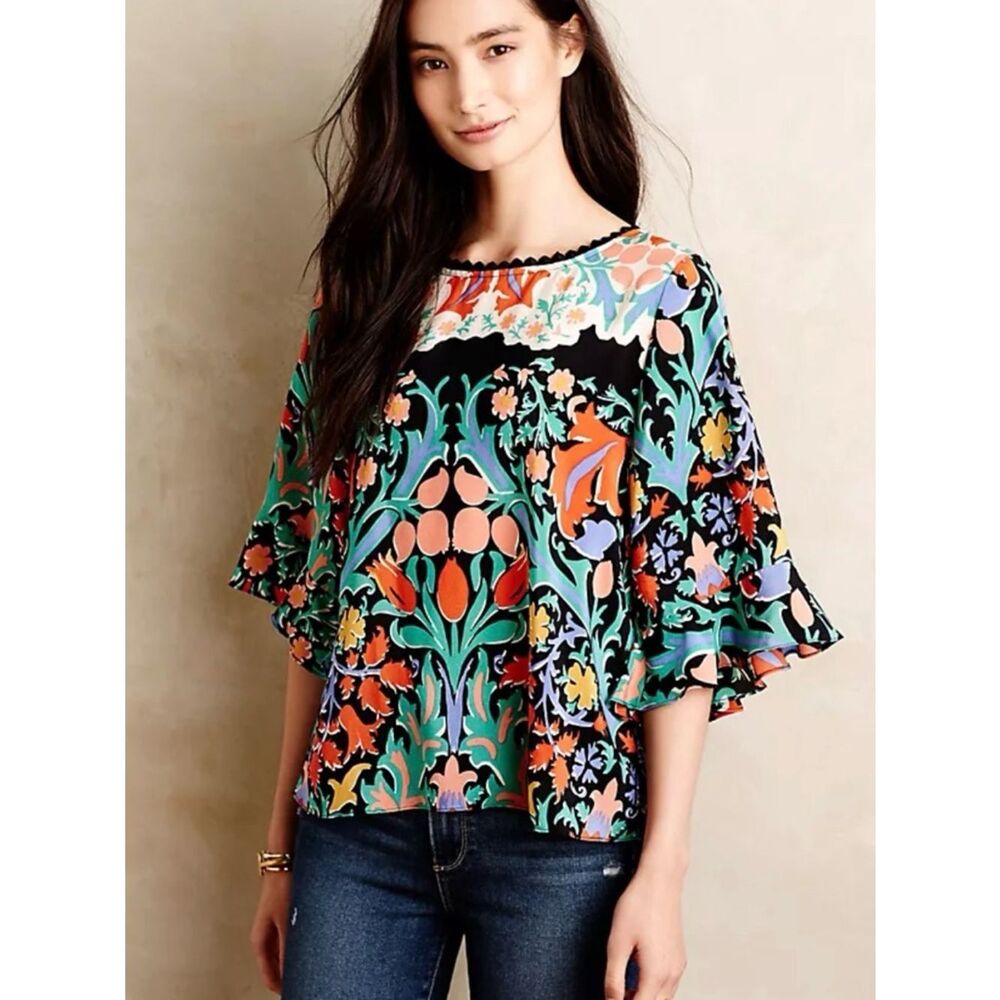Anthropologie Maeve women’s 6 folk art kimono top 100% silk dopamine maximalist